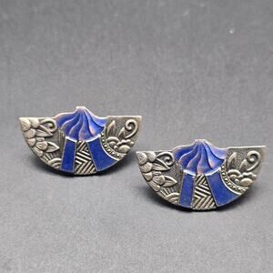 Vintage Silver Tone Fan Shaped Earrings Blue Enamel Costume Jewelry
